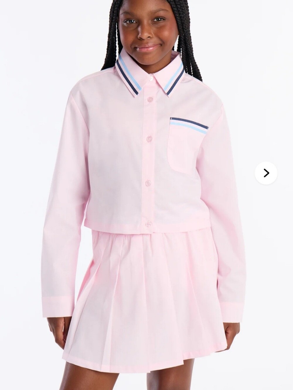 Fashion Nova Girls' Pink Collared Button-Front Shirt with Stripe Trim Skirt Set